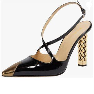 Wansseny Black Chain Chunky High Heel Crossed Ankle Strap Pointed Toe Sandal